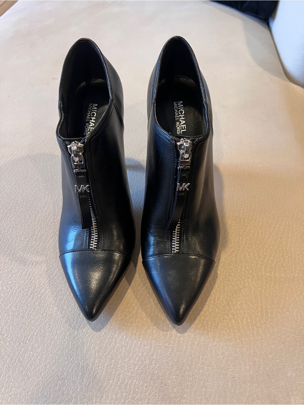 Michael Kors Black Leather Zip Front Stiletto Ankle Booties | Size 6.5